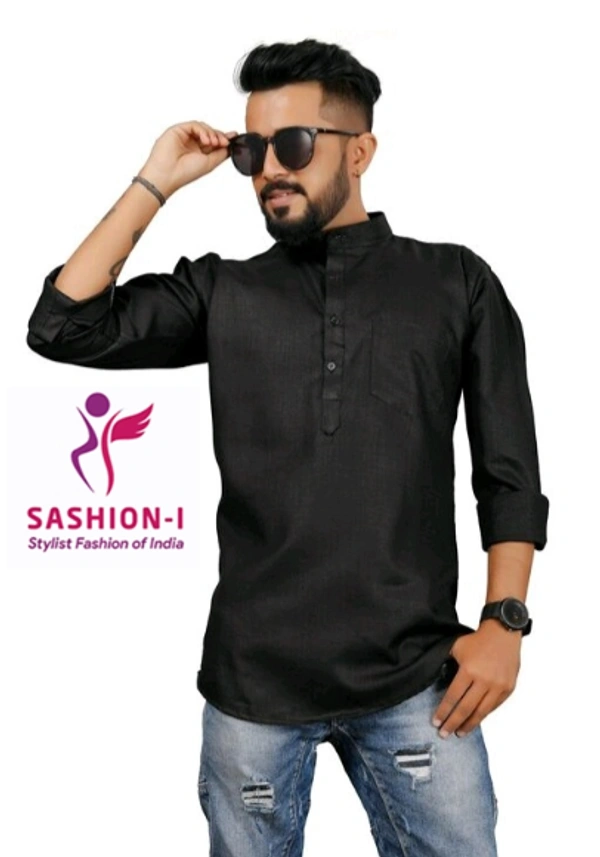 Men's Stylish Full Sleeve Short Kurta - Black